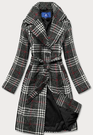 PŁASZCZ DAMSKI W KRATĘ GRAFIT-BEŻ (OMDL-011)