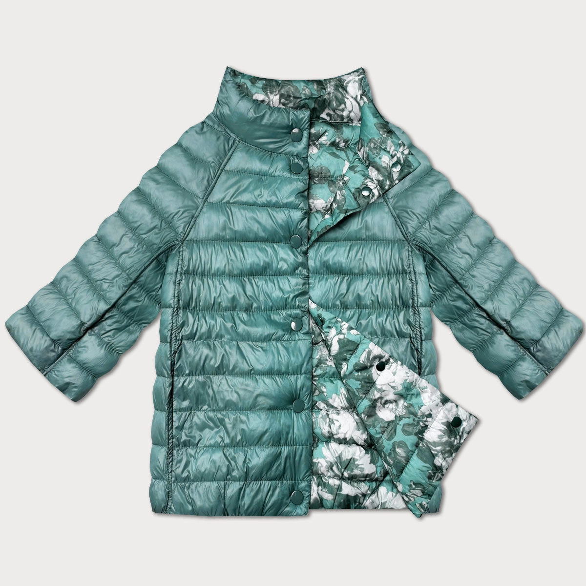 Dwustronna kurtka damska z rękawem 3/4 Minority ciemny miętowy/kwiaty (M23-7009-253)