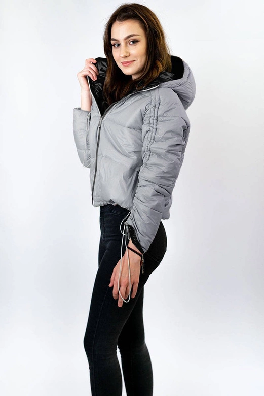 DWUSTRONNA BŁYSZCZĄCA KURTKA DAMSKA CZARNO-SZARA (B9553)