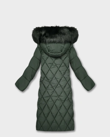 Długa damska kurtka zimowa z kapturem butelkowa zieleń (7688BIG)