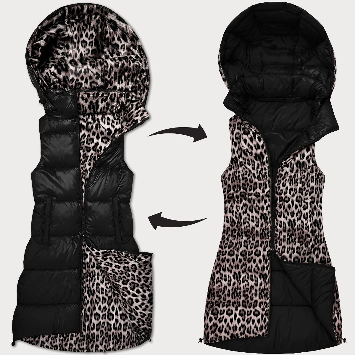 Gruba kamizelka dwustronna z odpinanym kapturem czarny-panterka (T5-2602#-1)