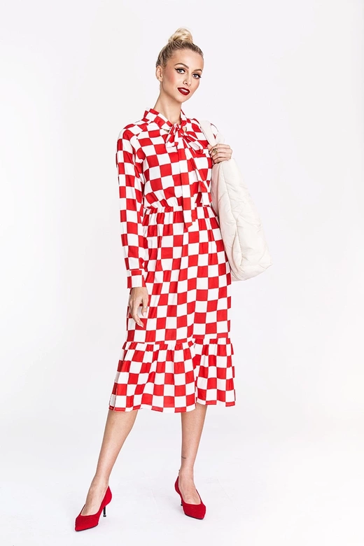 Sukienka w kratę z wiązanym dekoltem Ann Gissy biało-czerwona (XY202117)