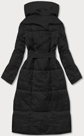 Zimowy płaszcz damski z paskiem czarny (2M-061)