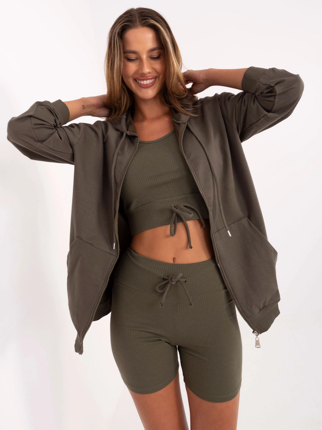 Trzyczęściowy komplet damski basic khaki (7742)