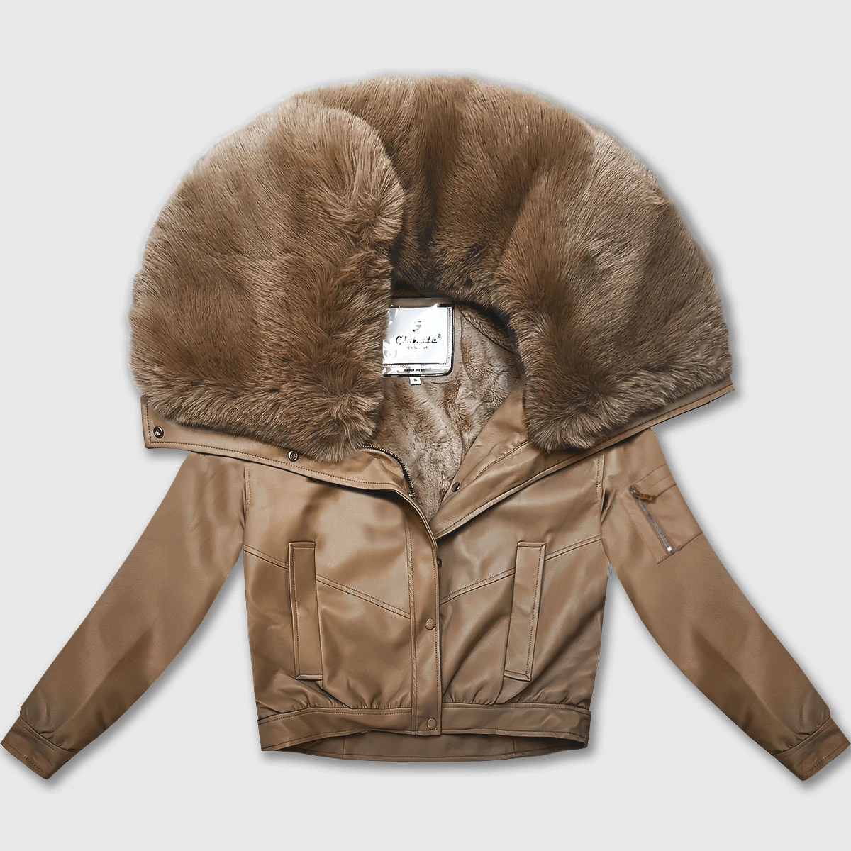 Skórzana kurtka z dużym futrzanym kołnierzem Glakate camel (LU98090#)