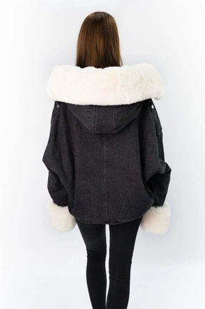 DAMSKA KURTKA JEANSOWA Z FUTRZANĄ PODPINKĄ CZARNO - BIAŁA (9023#)