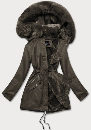 Kurtka zimowa damska z futrzaną podszewką khaki (b550-11)