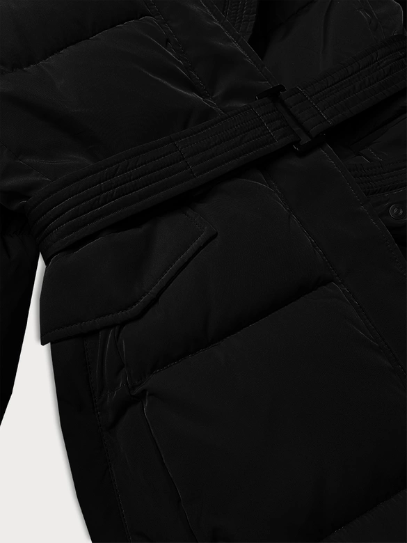 Taliowana kurtka zimowa z paskiem czarna (23MY-207)