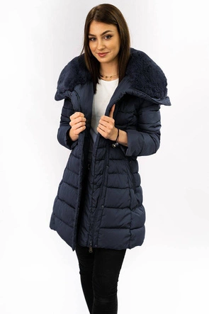 DŁUGA KURTKA DAMSKA ZIMOWA Z KAPTUREM GRANATOWA (B1068-30)