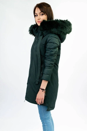 ZIMOWA KURTKA DAMSKA Z ŁĄCZONYCH MATERIAŁÓW CIEMNOZIELONA (7708)