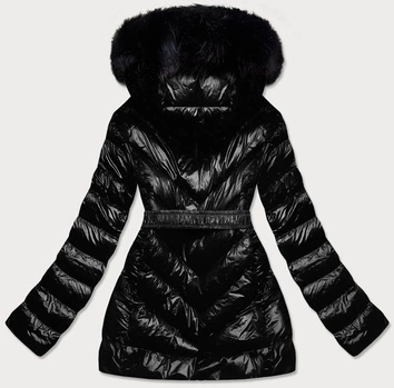 Błyszcząca kurtka zimowa na misiu czarna (w673)