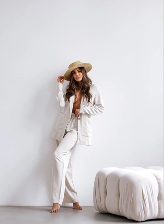 Damski garnitur z lnem beżowy (VE48)