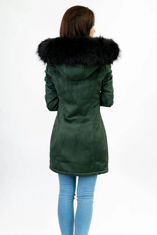 ZAMSZOWA DAMSKA KURTKA ZIMOWA Z KAPTUREM BUTELKOWA ZIELEŃ (6516)