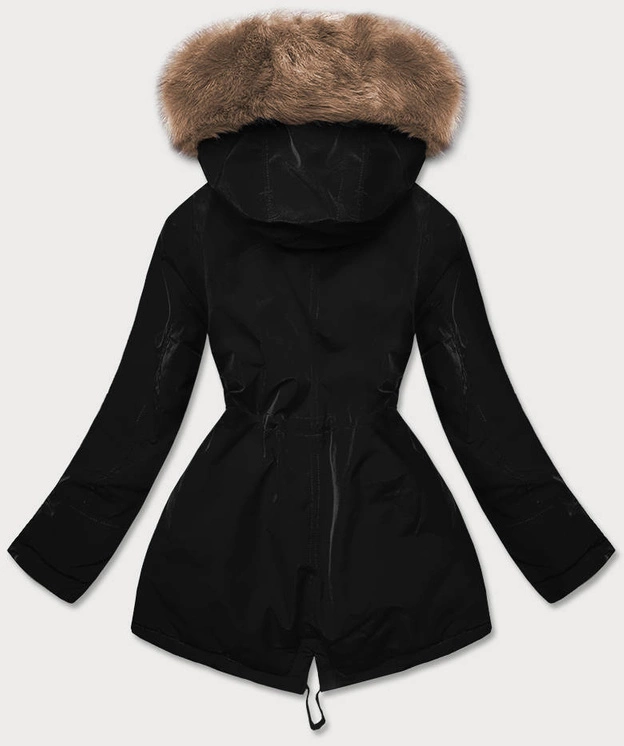Zimowa kurtka damska z futrzaną podszewką czarna-beż (w558big)