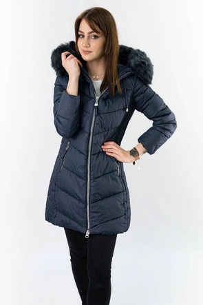 Długa pikowana zimowa kurtka damska granatowa (7689)