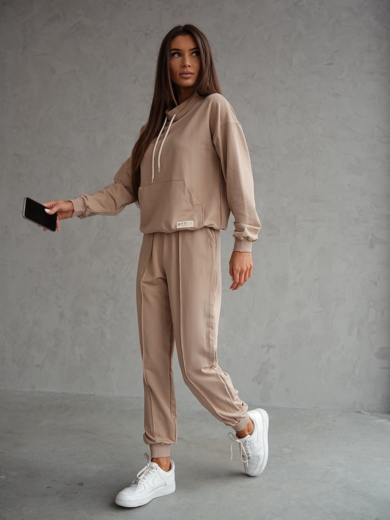 Komplet dresowy bluza ze stójką i spodnie beżowy (82162)