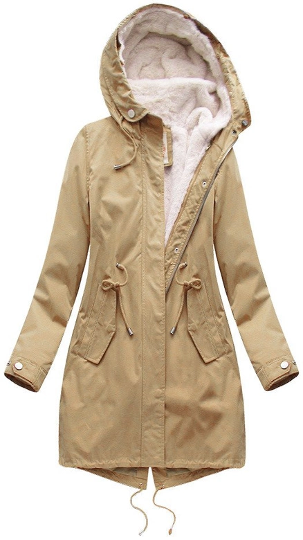 Zimowa damska parka z podpinką i kapturem beżowa (7626BIG)