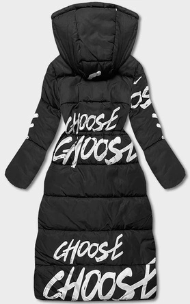 Długa kurtka zimowa damska z napisami czarno-biała (AG3-3028)