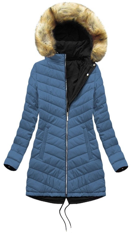 Dwustronna damska kurtka zimowa z kapturem czarno-niebieska (w214big)