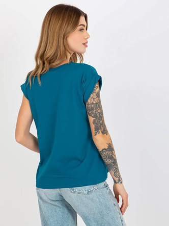 Bawełniany t-shirt z podwijanymi rękawkami Feel Good morski (4833-25)