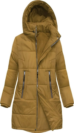 PIKOWANA DAMSKA KURTKA ZIMOWA Z KAPTUREM MUSZTARDOWA (B2627)