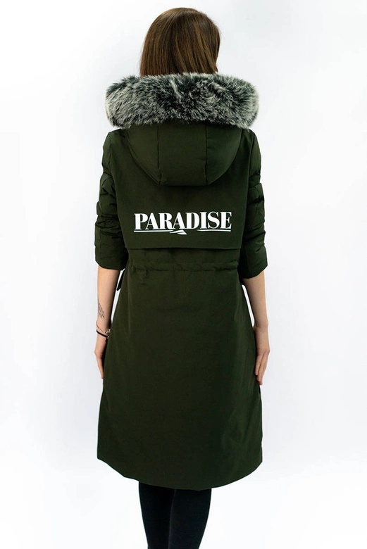 PŁASZCZ DAMSKI ZIMOWY Z PUCHEM NATURALNYM KHAKI (X7087X)