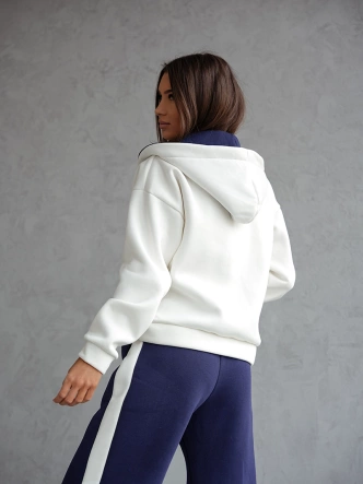 Gruby bawełniany komplet damski z rozpinaną bluzą biały-granat (503)