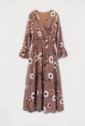 SZYFONOWA SUKIENKA KOPERTOWA W KWIATY BRĄZOWA (483ART)