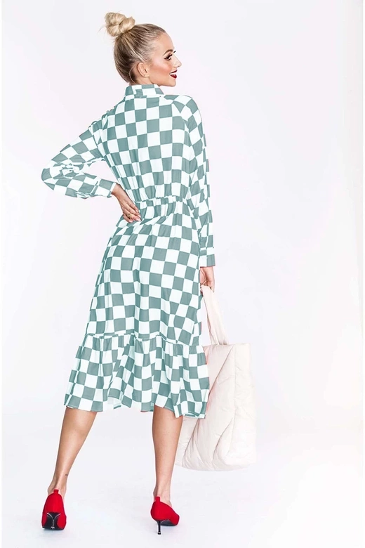 Sukienka w kratę z wiązanym dekoltem Ann Gissy biało-niebieska (XY202117)