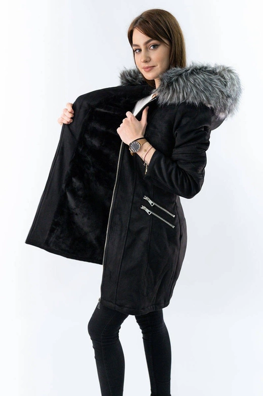 ZAMSZOWA DAMSKA KURTKA ZIMOWA Z KAPTUREM CZARNA (6516)