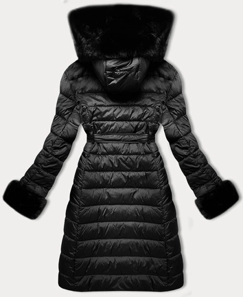 Puchowy płaszcz zimowy z futrzanym kapturem J Style czarny (11Z8095)