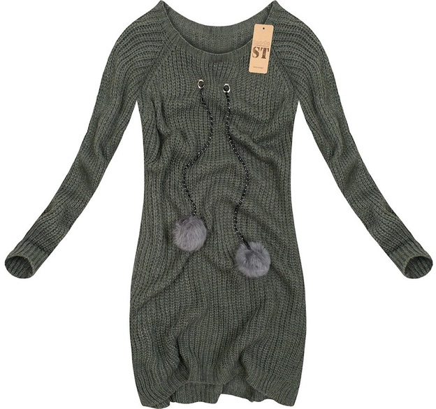 SWETER Z POMPONAMI KHAKI (0975)