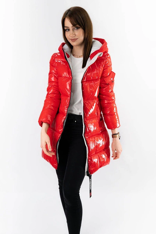 BŁYSZCZĄCA ZIMOWA KURTKA DAMSKA CZERWONO-SZARA (R9545)