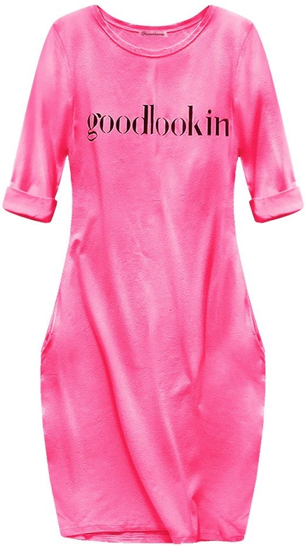 BAWEŁNIANA SUKIENKA OVERSIZE NEONOWA RÓŻOWA (287ART)