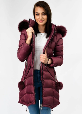 Długa zimowa kurtka damska z odpinanymi rękawami bordowa (w769)