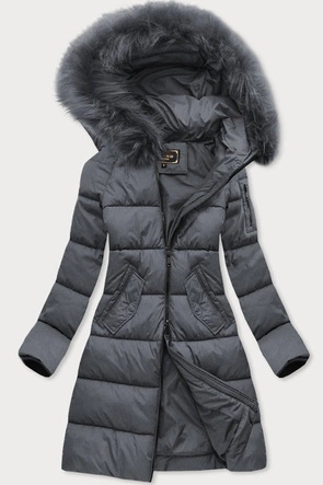 Długa pikowana kurtka damska zimowa z kapturem grafitowa (7751BIG)
