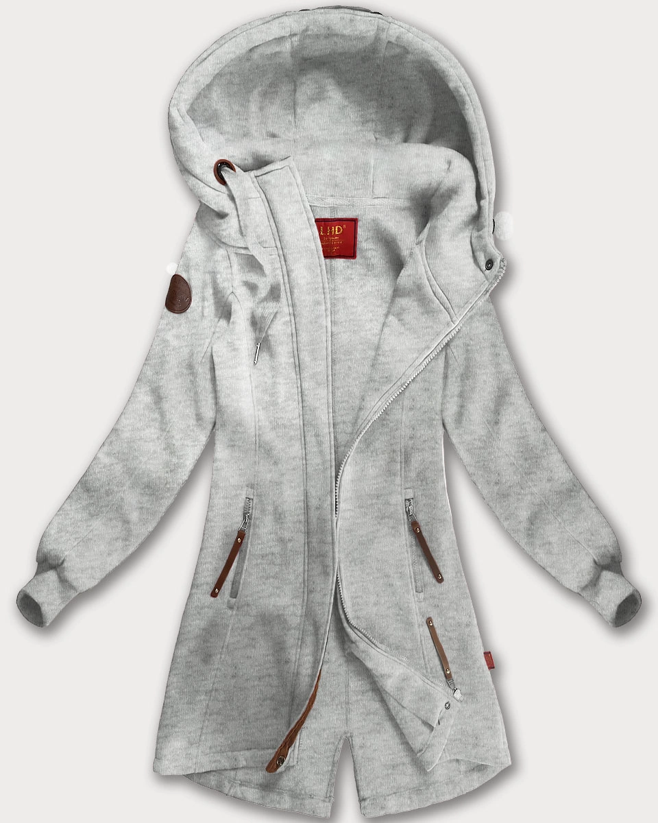 Długa bluza damska z kapturem jasny szary (AMG-675/2)