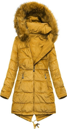 DWUSTRONNA DAMSKA PARKA ZIMOWA WELUROWA MUSZTARDOWA (7911)