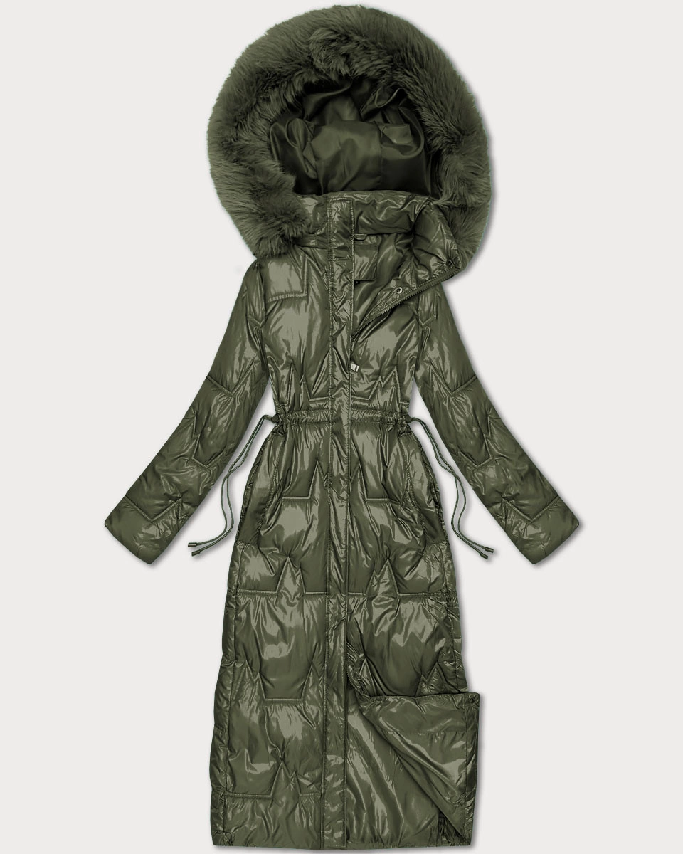 Długa pikowana damska kurtka zimowa khaki (T2-2221#-22)