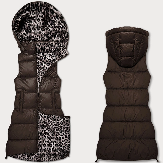 Gruba kamizelka dwustronna z odpinanym kapturem czekolada-panterka (T5-2602#-103)