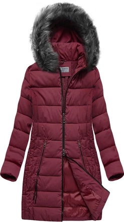 DŁUŻSZA PIKOWANA DAMSKA KURTKA ZIMOWA Z KAPTUREM BORDOWA (B9502)