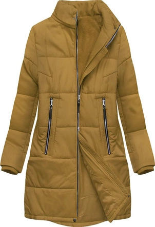 PIKOWANA DAMSKA KURTKA ZIMOWA Z KAPTUREM MUSZTARDOWA (B2627)