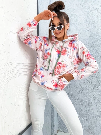 Welurowa bluza damska w kwiaty różowa (82172)