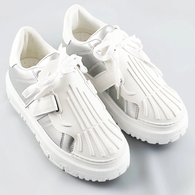 Damskie buty sportowe z nakładką na sznurowadła srebrno-białe (ra2049)