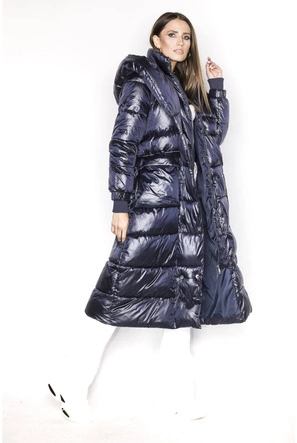 Długa damska kurtka z paskiem granatowa (ag8-8002)