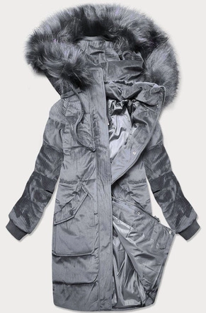 Sztruksowa zimowa kurtka damska z kapturem szara (7764)