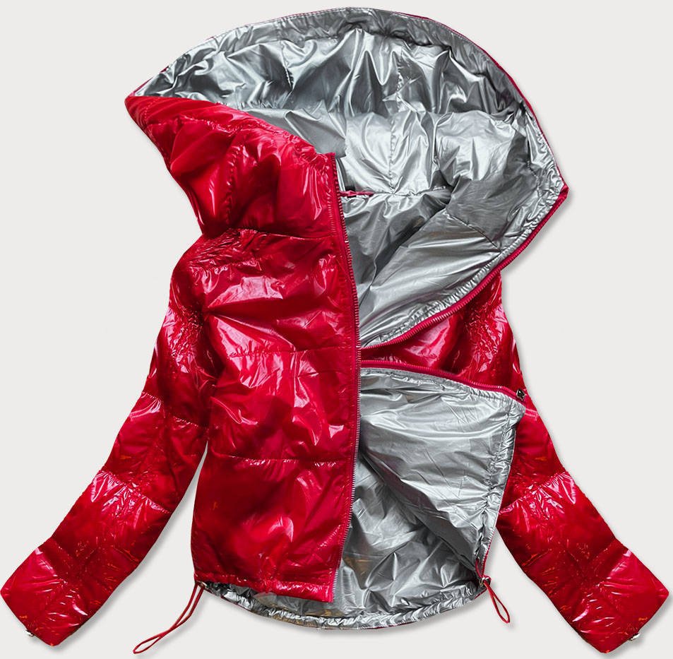 Błyszcząca pikowana kurtka damska z kapturem czerwona (b9560)