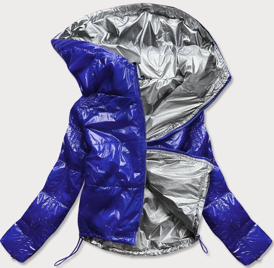 Błyszcząca pikowana kurtka damska z kapturem niebieska (b9560)