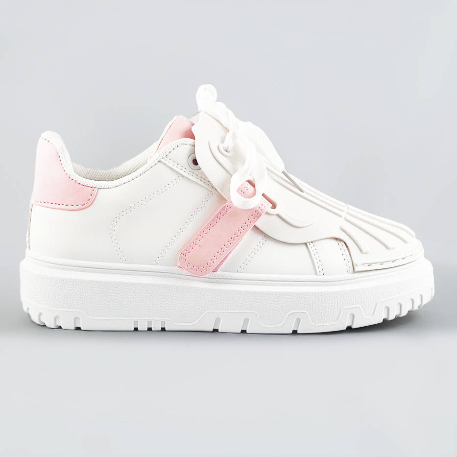 Damskie buty sportowe z nakładką na sznurowadła biało-różowe  (ra2049)