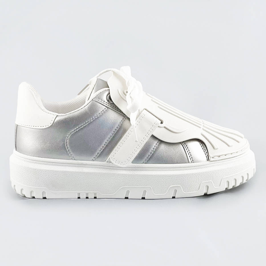 Damskie buty sportowe z nakładką na sznurowadła srebrno-białe (ra2049)
